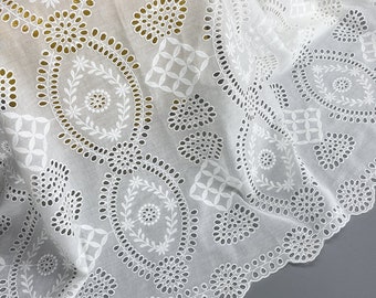 off white eyelet cotton lace fabric with double scallops, 47 inches wide