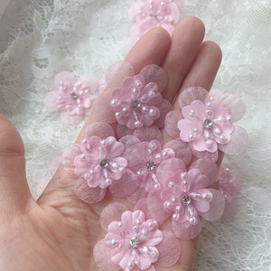 5pcs pink handmade flowers applique, handmade flowers with beads, organza 3d flowers applique