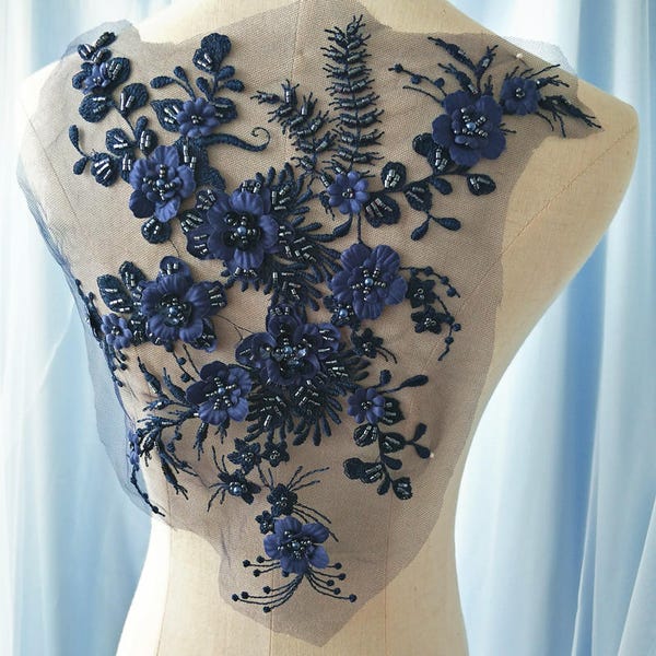 navy blue heavy bead lace applique, 3D lace applique with beads, 3d flower applique for haute couture, heavy embroidered lace applique