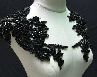 Black Rhinestone bead applique, heavy bead handmade rhinestone applique for couture, rhinestone garment accessory
