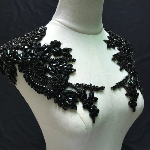 Black Rhinestone bead applique, heavy bead handmade rhinestone applique for couture, rhinestone garment accessory