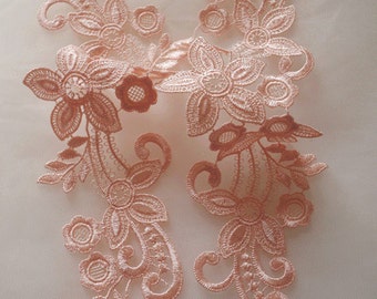 peach pink lace applique, venice lace applique, retro flower lace applique, bridal headpiece lace applique by pairs