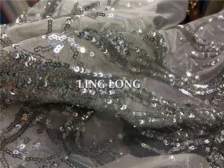 Silver Sequin Fabric With Trees Embroidered Lace Fabric Etsy