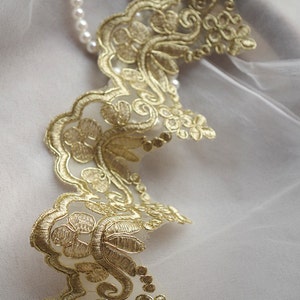 gold lace trim, gold alencon lace trim, gold scalloped lace in gold, gold cord lace by the yard for bridal veil image 2