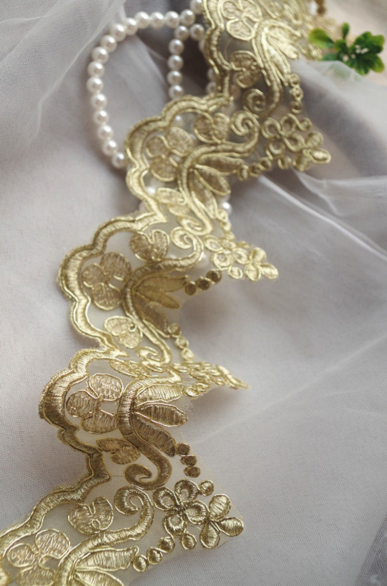 gold lace trim, gold alencon lace trim, gold scalloped lace in gold, gold cord lace by the yard for bridal veil image 2