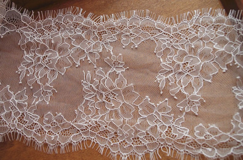 chantilly lace trim with double eyelash borders, ivory eyelash lace trim, French lace trim image 4