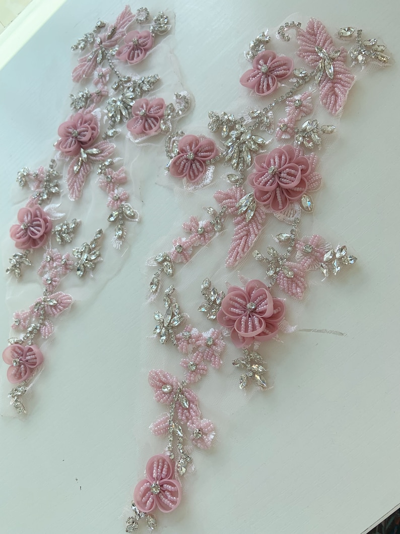 Pink rhinestone appliqué with 3d florals for couture, dance costume, bridal headpiece image 8