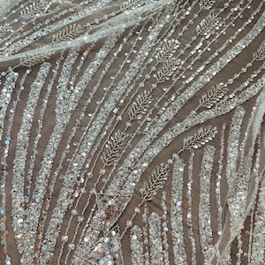 White bead lace fabric by the yard for bridal dress, heavy bead tulle lace fabric for wedding dress