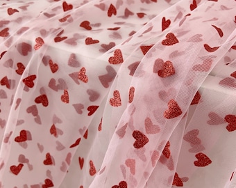 Light pink tulle Lace fabric with sparkle red hearts, costume, prop, wedding decors, party decors