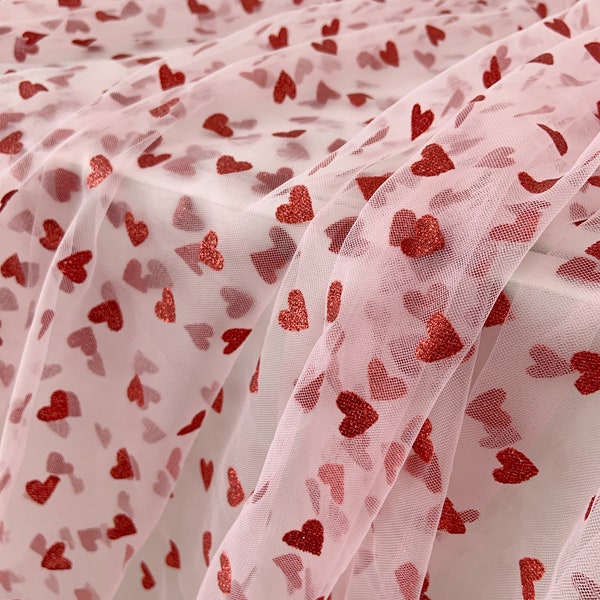 Light pink tulle Lace fabric with sparkle red hearts, costume, prop, wedding decors, party decors