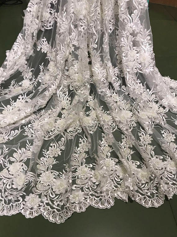 Off white 3d lace fabric with 3d flowers 3d heavy embroidered | Etsy