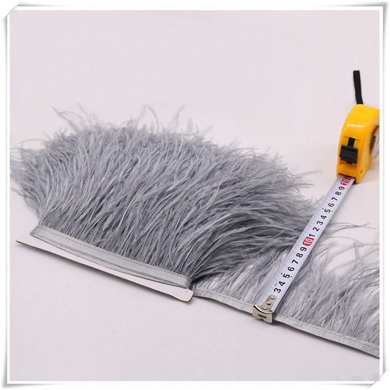 May include: A roll of gray ostrich feather trim with a measuring tape showing 10 inches.