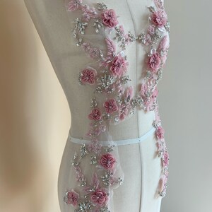 Pink rhinestone appliqué with 3d florals for couture, dance costume, bridal headpiece image 5