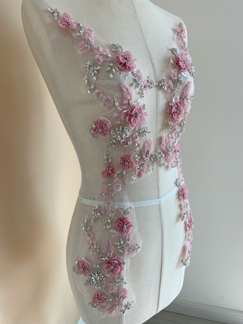 Pink rhinestone appliqué with 3d florals for couture, dance costume, bridal headpiece image 5