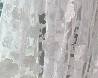 off white embroidered tulle lace fabric with 3d flowers for bridal dress, veil, wedding prop