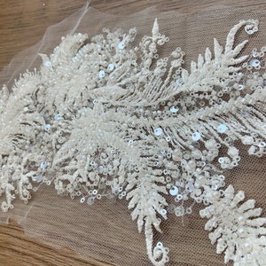 2pcs Off white bead florals lace applique, heavy bead lace applique, 3D lace applique with rhinestones, bridal applique, 3d flower applique image 6