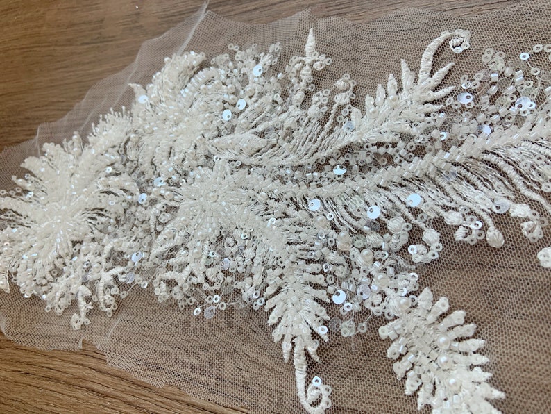 2pcs Off white bead florals lace applique, heavy bead lace applique, 3D lace applique with rhinestones, bridal applique, 3d flower applique image 6