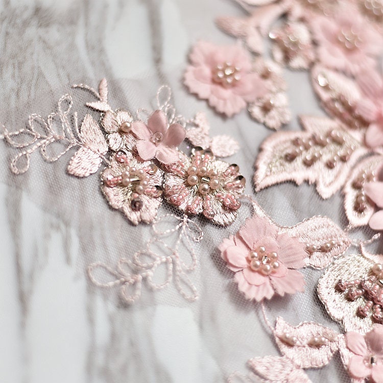 Pink Lace Applique Heavy Bead Lace Applique 3D Lace Applique Etsy