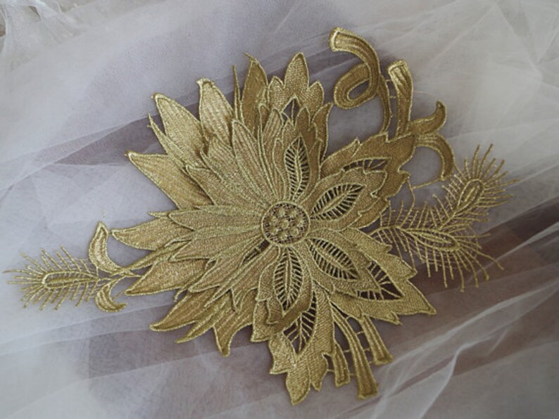 metallic gold lace applique gold hair flower gold peony flower lace applique headpiece