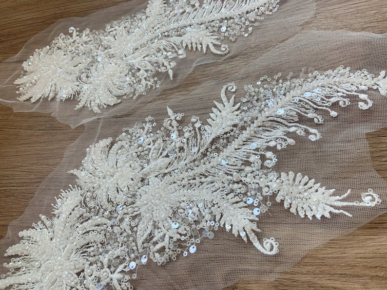 2pcs Off white bead florals lace applique, heavy bead lace applique, 3D lace applique with rhinestones, bridal applique, 3d flower applique image 7