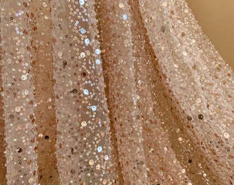 Rose gold sequined lace fabric by the yard for bridal dress, heavy bead tulle lace fabric