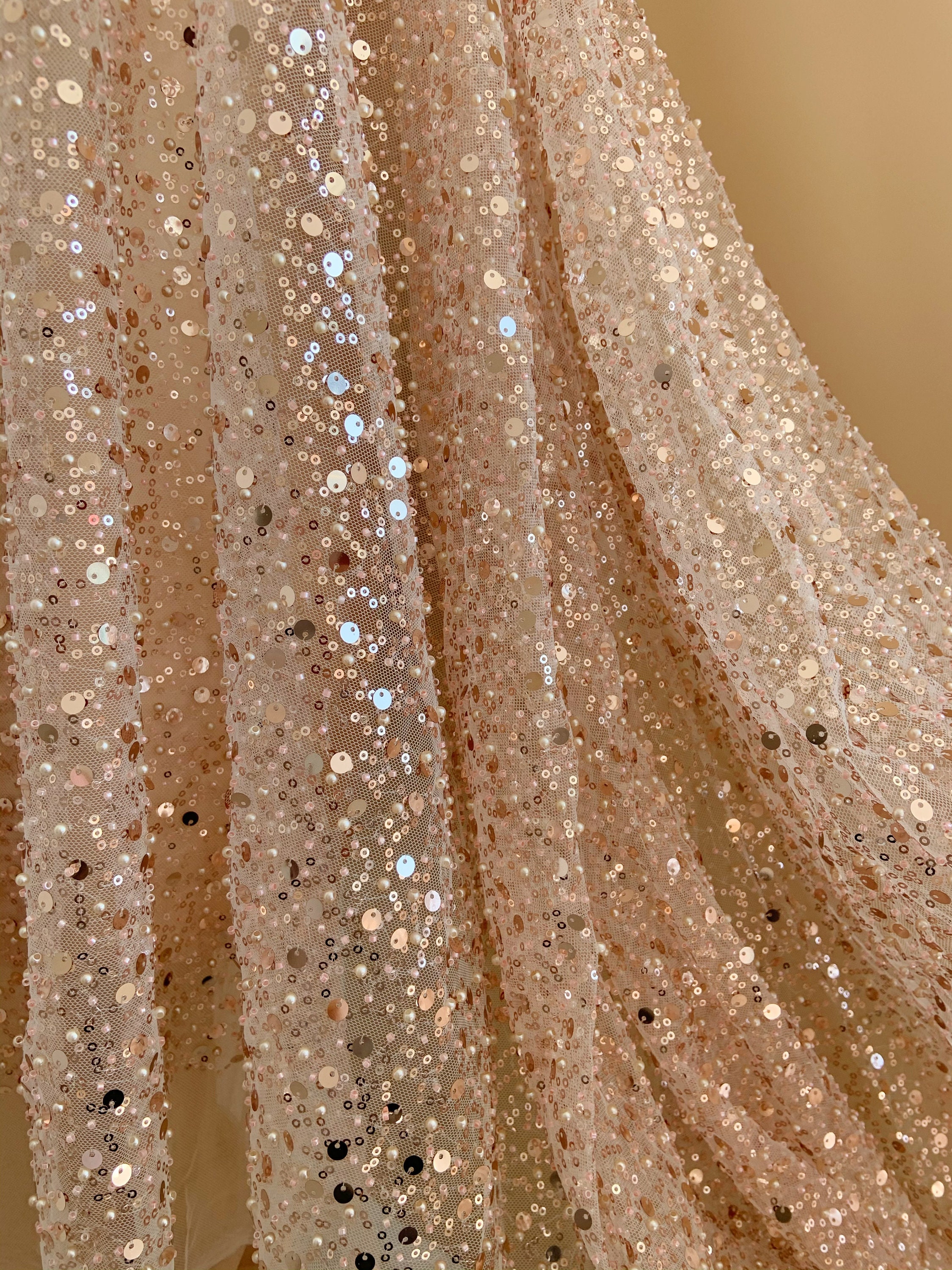 Luxury Royal Style Champagne Gold Tulle Fabric With Glitter Glued Gliding  For Gorgeous Beauty Dress Sugar Lace Durable Classical