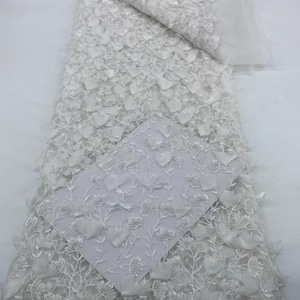 Off white bead fabric with 3d florals for bridal dress, photo prop, wedding prop
