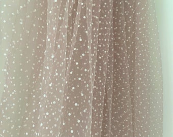 Dust mauve tulle Lace fabric with  velvet polka dots