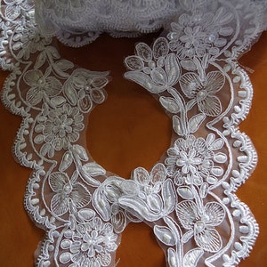white Pearl beaded lace trim, bead alencon lace trim, ivory lace trim for bridal veil, scalloped trim for bridal dress