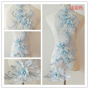 light blue 3d florals lace applique, heavy bead lace applique, 3D lace applique with rhinestones, bridal applique, 3d flower applique