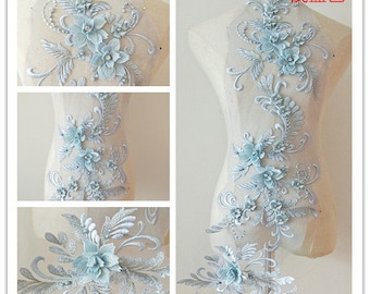 light blue 3d florals lace applique, heavy bead lace applique, 3D lace applique with rhinestones, bridal applique, 3d flower applique