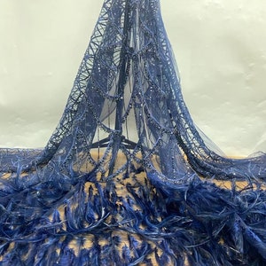 off white sequined lace fabric with Ostrich feather, bead lace fabric with sequin for mermaid dress, costume dress Blue