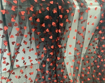 black tulle fabric with red glitters heart, tulle lace fabric with sparkle hearts, costume, prop, wedding decors, party decors