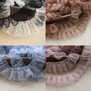 10 yards frill trim with polka dots, 10 yards soft tulle ruffled trim with dots, 8 colors