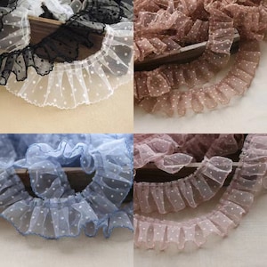 10 yards frill trim with polka dots, 10 yards soft tulle ruffled trim with dots, 8 colors