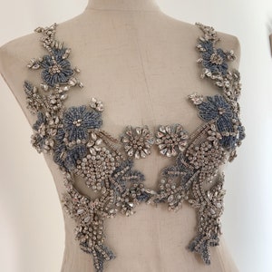 Denim blue rhinestone applique with florals for ball gowns, dress, wedding dress, dance costume