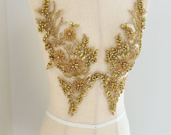 Applique faite main en strass doré avec motif floral pour couture, robe de soirée, costume de danse