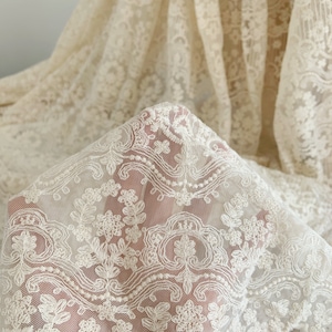 Ivory beige Embroidered tulle lace fabric with chevron patterns, retro elegant lace fabric