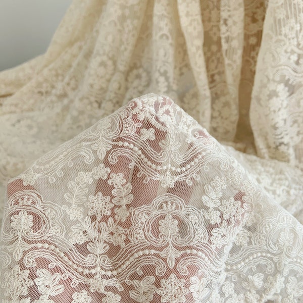 Ivory beige Embroidered tulle lace fabric with chevron patterns, retro elegant lace fabric