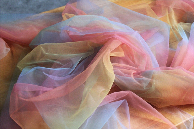 bridal tulle lace fabric rainbow color mesh lace fabric Tie dyed tulle fabric with Gradient colors