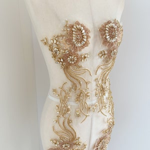 Gold Rhinestone applique with florals, handmade rhinestone patch for couture, rhinestone garment accessory