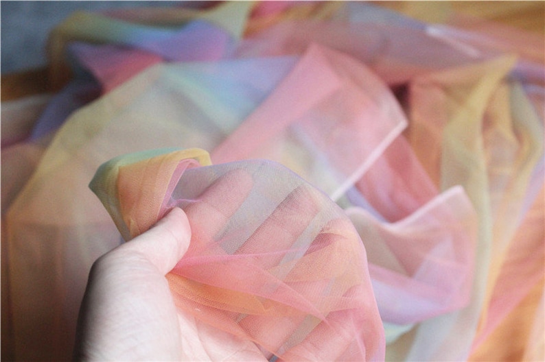 bridal tulle lace fabric rainbow color mesh lace fabric Tie dyed tulle fabric with Gradient colors