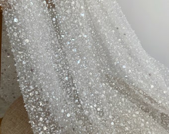 French sequined lace fabric by the yard for bridal dress, heavy bead tulle lace fabric for wedding dress