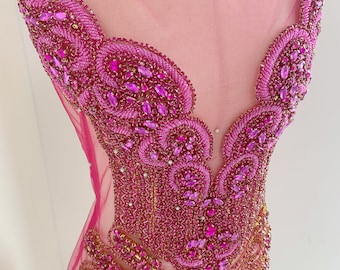 Fuchsia Rhinestone bodice applique for bodysuit, costume, large crystal applique, vintage style crystal appliqué , haute couture supplie