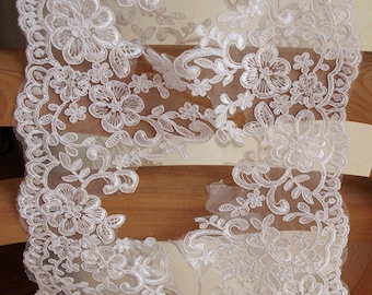 ivory alencon lace trim, ivory cord lace trim for bridal veil, bridal scalloped trim, lace border, lace trimming, CG029B