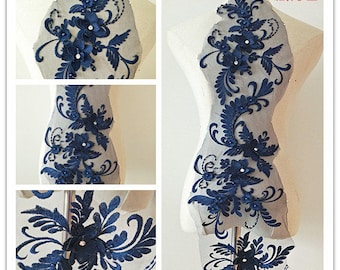 applicazione floreale 3D blu navy, toppa con fiore di perline pesanti, applicazione in pizzo 3D con strass, applicazione di fiori 3D