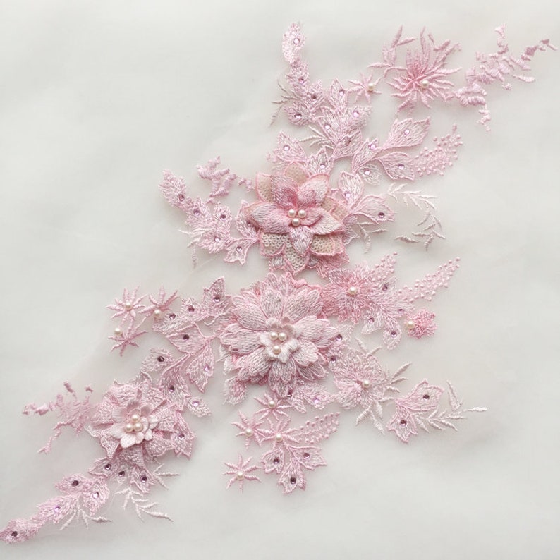 heavy embroidered lace applique peach pink heavy bead lace applique 3D lace applique with beads 3d flower applique for haute couture