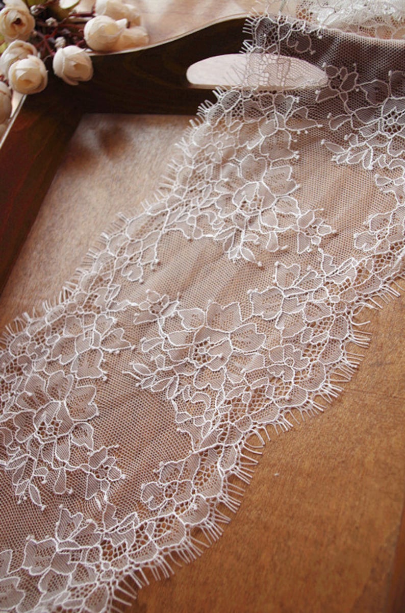 chantilly lace trim with double eyelash borders, ivory eyelash lace trim, French lace trim image 5
