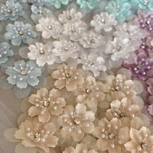5 stuks handgemaakte bloemen appliqué, handgemaakte bloemen met kralen, organza bloemen appliqué