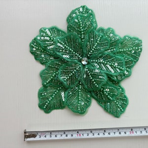 Green bead lace applique, heavy bead lace applique, 3D flowers lace applique with beads and rhinestones for haute couture image 8